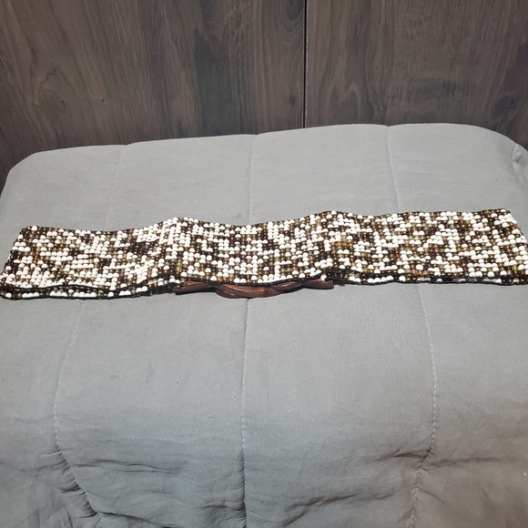Beaded wooden stretchy belt white brown - Picture 4 of 5